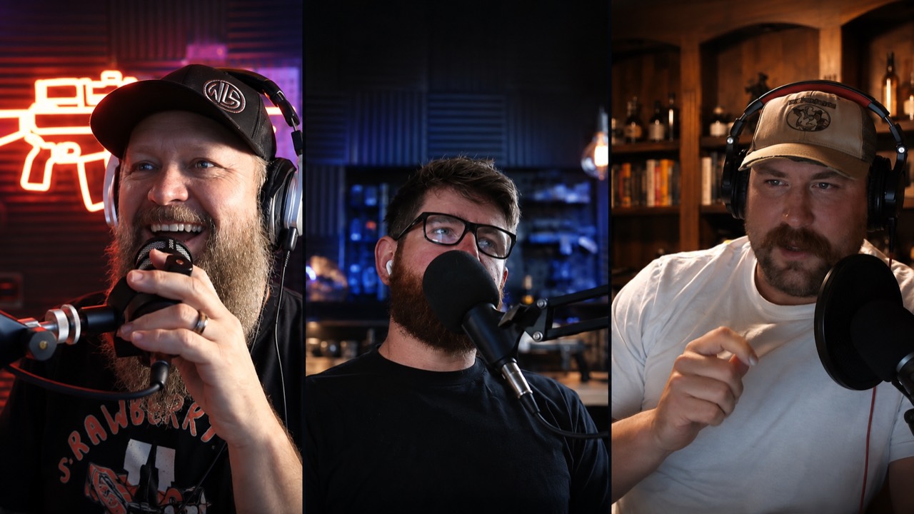 Three podcast hosts recording an episode in their studios